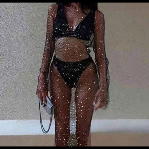 🆕 LISTING!! BNWOT CRYSTAL RHINESTONE OPEN FISHNET MAXI DRESS - Picture 7 of 9